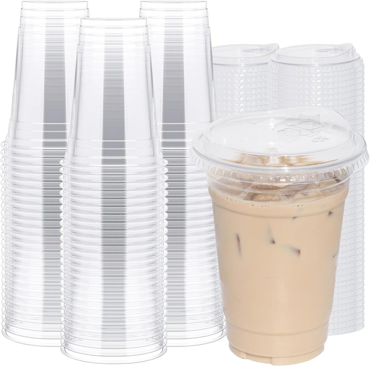 100 Pack 16 Oz Plastic Cups With Strawless Sip-Lids, Disposable Clear Coffee Cups with lids for Cold Beverages, and To-Go Drinks